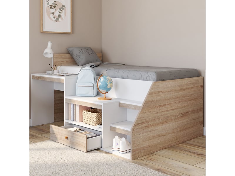 Lit combiné avec sommier, bureau et rangement leopold 90 x 190 cm hêtre et blanc  - Conforama E