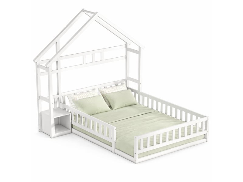 Lit enfant 140 x 200 cm maison avec barrière, meuble de rangement et 7 lattes blanc - Conforama A