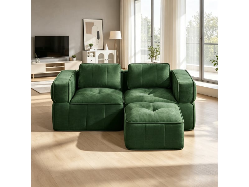  Sofa d'angle 2 places, pouf inclus, mousse 32d, assise profonde, tissu doux, antidérapant, 198×162×67 cm, vert  - Conforama D