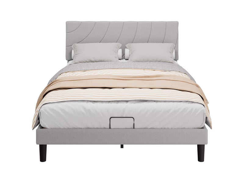  Lit 140 x 190 avec sommier à lattes, lit double avec cadre de lit rembourré, tête de lit réglable, pieds antidérapants, gris  - Conforama A