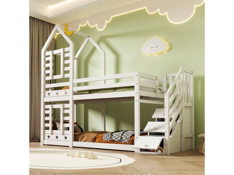  Lit superposé 90x200 cm, lit enfant, 3 tiroirs, cabane dans les arbres, barrières de sécurité, blanc, sans matelas  - Conforama B
