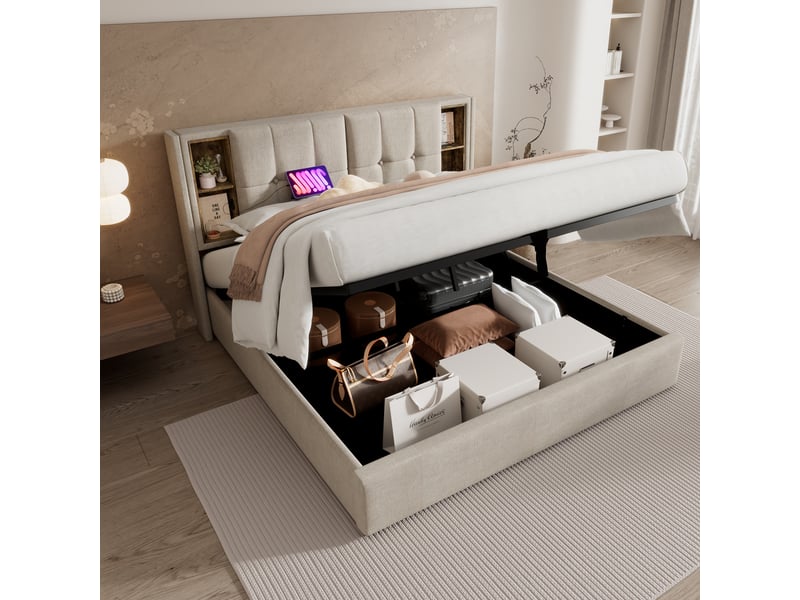  Lit double rembourré 160x200 cm avec recharge sans fil usb-c, couleur naturelle, cadre de lit adulte avec matelas  - Conforama W