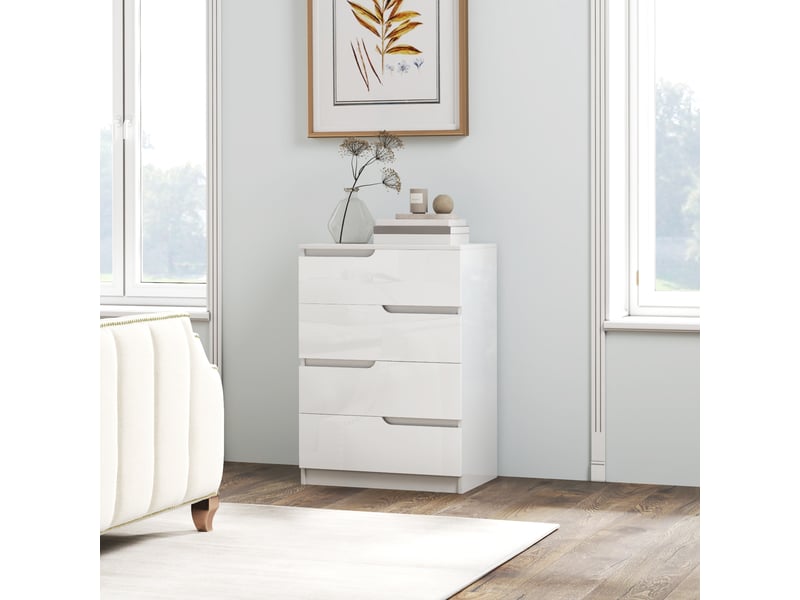  Commode moderne, armoire, 4 tiroirs, bois, dispositif anti-basculement, patins de protection, blanche  - Conforama D