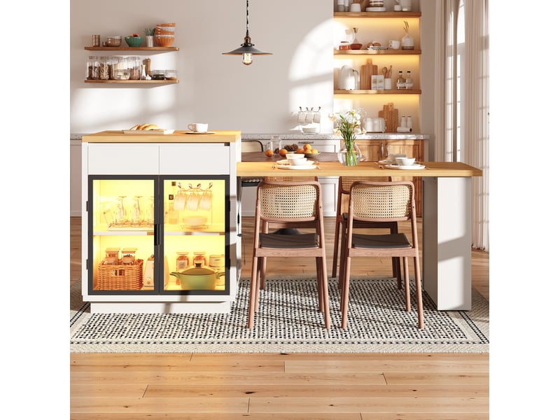  Îlot de cuisine extensible 122-194.5x70x94 cm, 2 tiroirs, led, blanc  - Conforama B