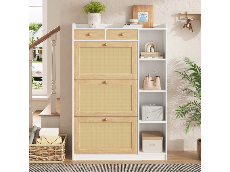  Meuble à chaussures rotin 3 abattants et 2 tiroirs, armoire étroite 24cm avec étagères, blanc et naturel  - Conforama C