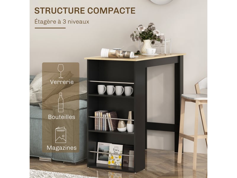  Table de bar table haute de cuisine mange-debout comptoir - dim. 112l x 57l x 106h cm - 3 étagères - noir  - Conforama D