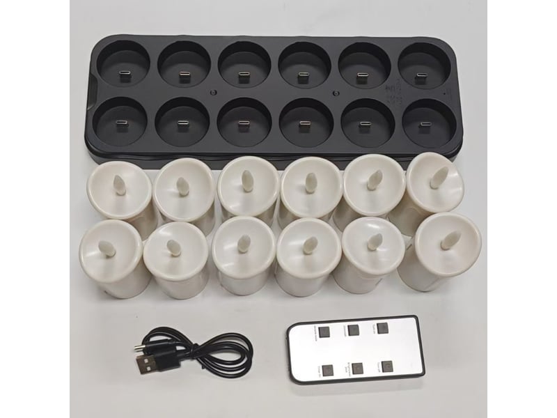 Lot de 12 bougies chauffe-plat led rechargeables sans flamme avec télécommande, minuterie et base de charge, décoration halloween, télécommande, noir et blanc - Conforama B