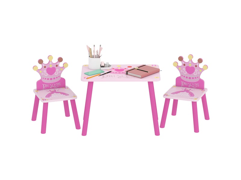  Ensemble table et 2 chaises sur le thème des princesses pour chambres d'enfants, en bois rose avec dossier en forme de couronne  - Conforama A