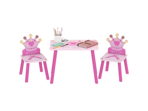 Ensemble table et 2 chaises sur le thème des princesses pour chambres d'enfants, en bois rose avec dossier en forme de couronne