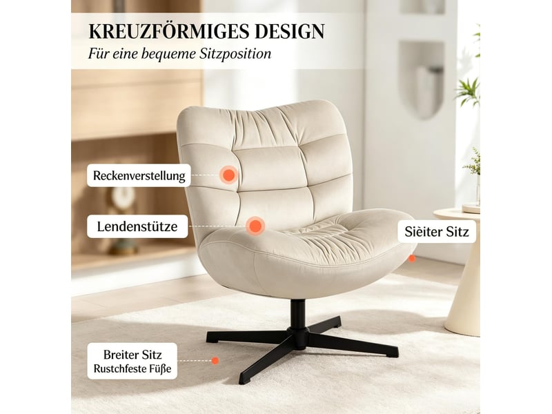  Fauteuil lounge pivotant 70 x 80 cm – crème – assise capitonnée en chenille, sans inclinaison, base en acier  - Conforama D