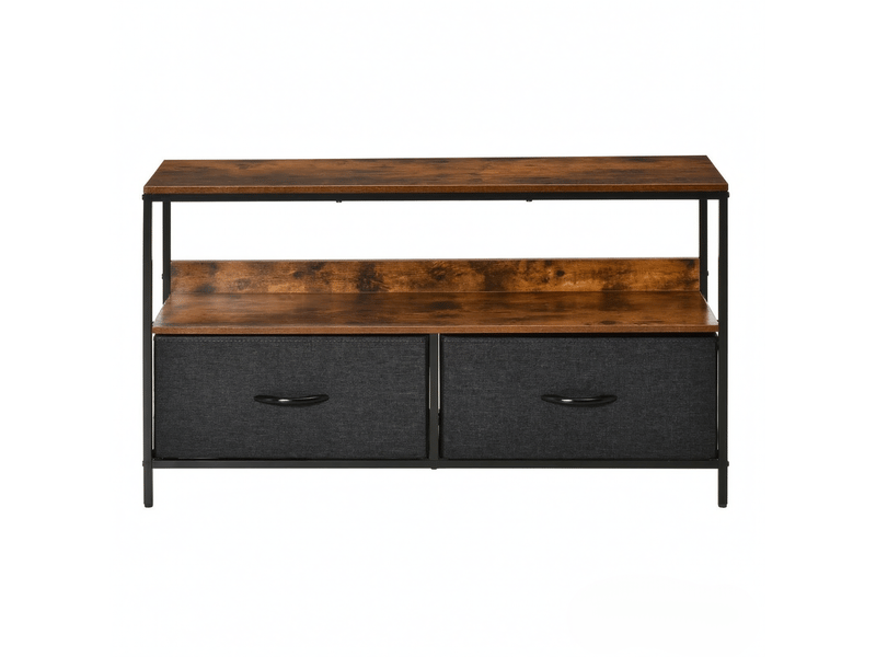 Meuble tv industriel avec 2 tiroirs pliables et étagère ouverte, marron rustique et gris  - Conforama A