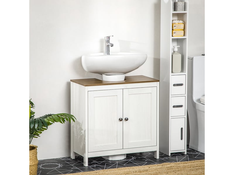  Meuble sous lavabo meuble de salle de bain 2 portes avec étagère 60 x 30 x 60 cm blanc et aspect bois  - Conforama C