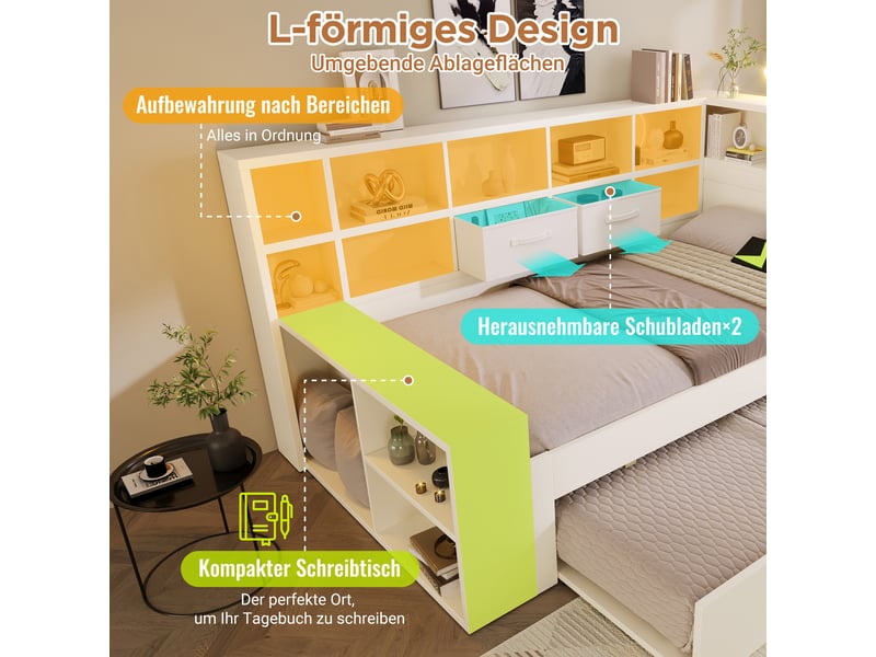  Lit simple 90x190 blanc avec lit gigogne en bois - étagères de rangement et ports usbtype-c  - Conforama R