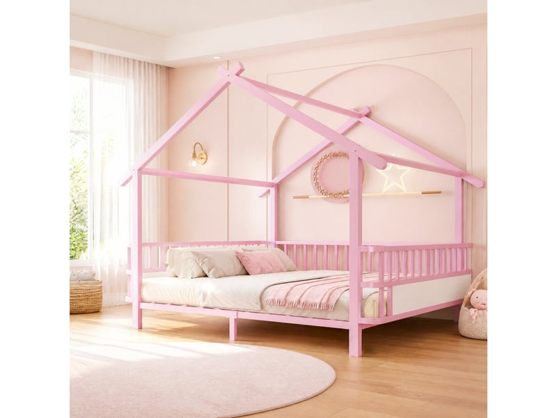  Lit enfant 140x200 cm structure maison, barrières de sécurité en métal rose  - Conforama B