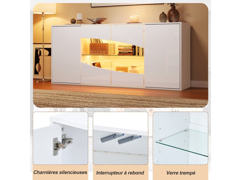  Buffet 160 cm 4 portes blanc brillant avec led et vitrine  - Conforama E