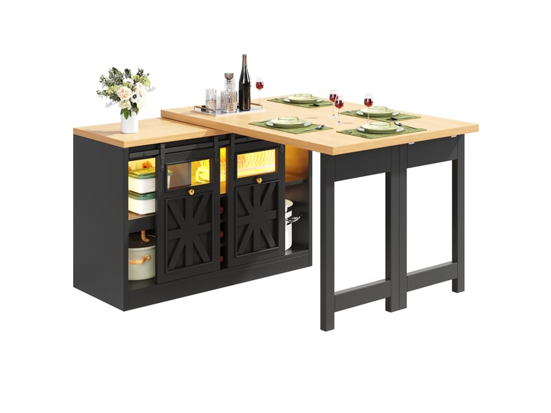 Desserte de cuisine avec table extensible rotative, éclairage led, portes vitrées et étagères, noire - Conforama A