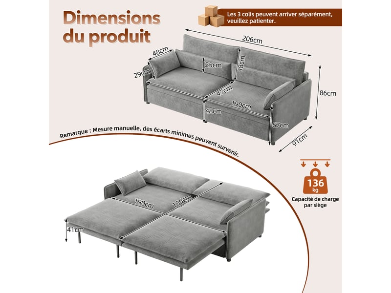  Canapé convertible 3 places gris clair en chenille avec rangement, 206 cm Fay Lum - Conforama C