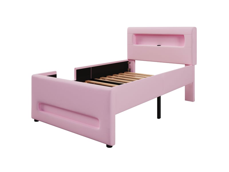  Lit rembourré 90 x 200 cm tête de lit à marche tiroirs de rangement éclairage led port usb pochettes de rangement rose  - Conforama E