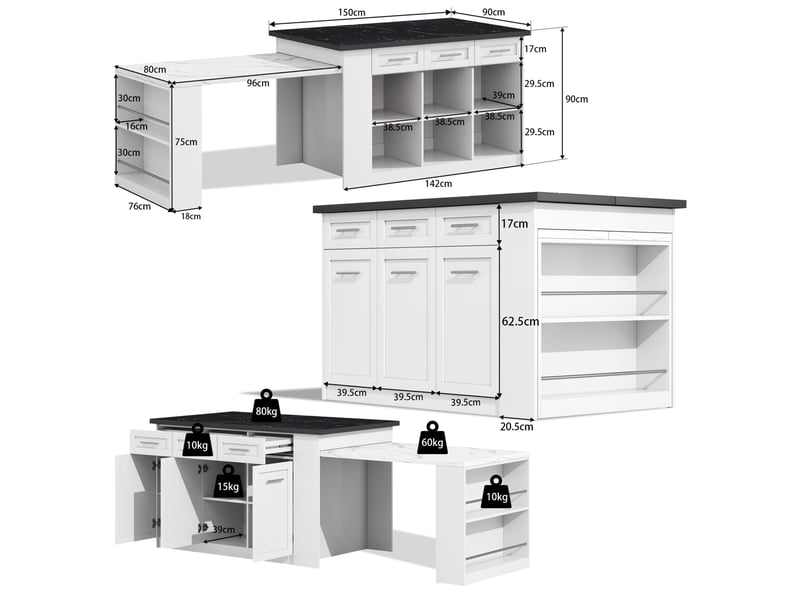 Îlot de cuisine multifonction 150x90x90 cm avec table extensible, rangements intégrés, mdf, blanc  - Conforama C