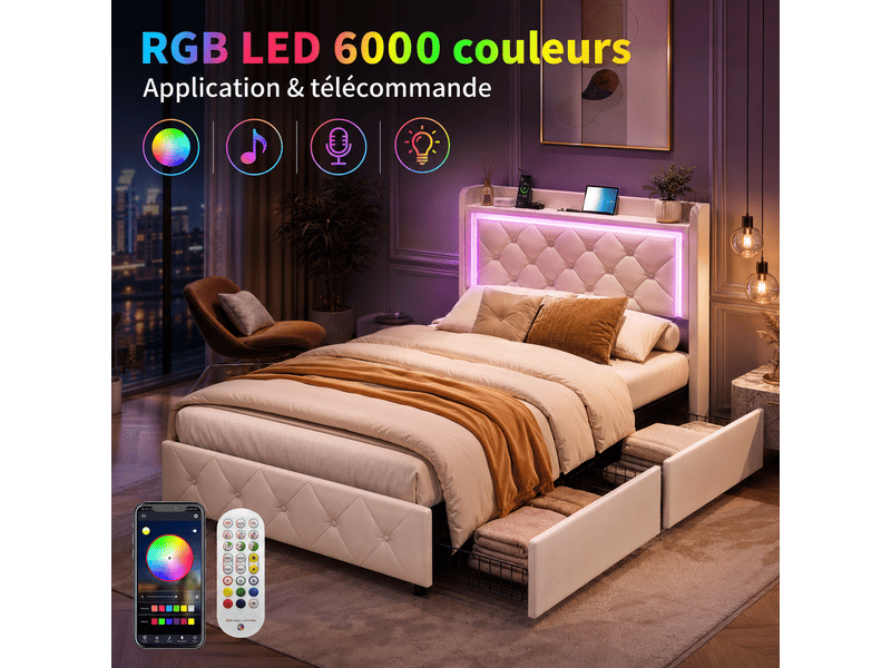  Lit 1 personne 90x200 cm avec sommier led et usb tpye c, lit coffre avec 2 tiroirs de rangement, lit une place, lit 1 personne 90x200 avec 2 tiroirs de rangement, éclairage led rgb - charge usb et type-c, lit une place, lit coff…  - Conforama E