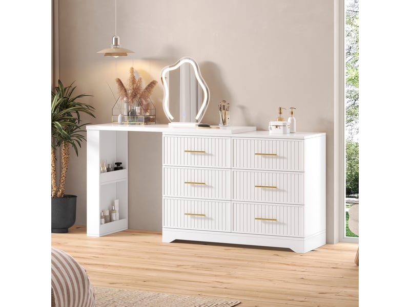  Coiffeuse d'angle blanche avec miroir led 3 couleurs, table de maquillage modulable en l avec tiroirs, 110cm  - Conforama D