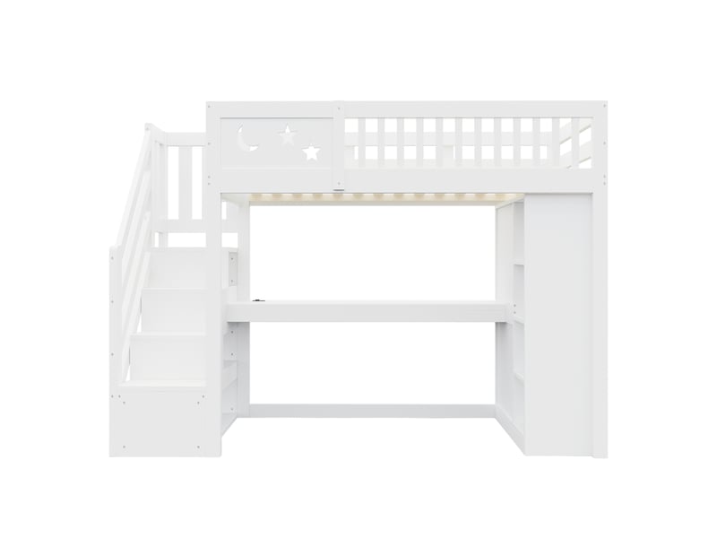 Lit mezzanine en bois blanc 90x200 cm, bureau, armoire, rangements et led - Conforama A