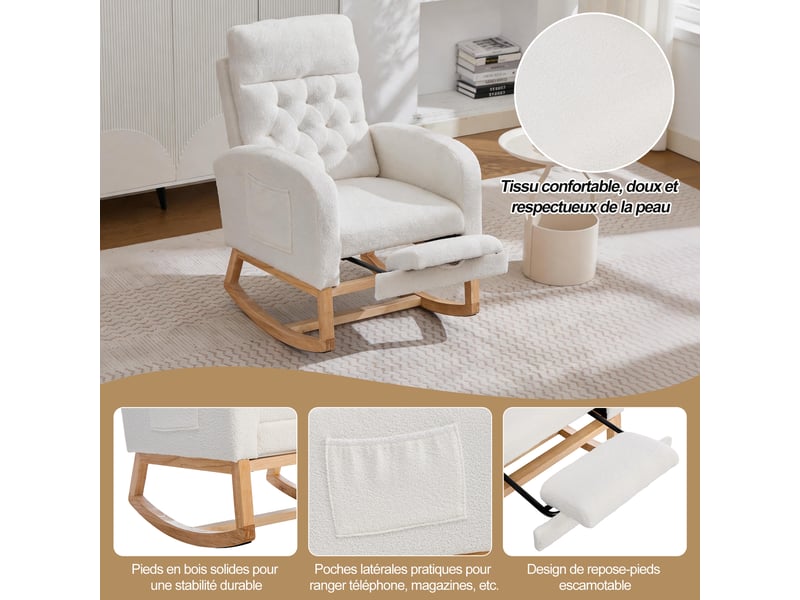  Fauteuil à bascule bouclette blanc fauteuil d'allaitement avec repose-pieds réglable 65.6x123x102cm  - Conforama W