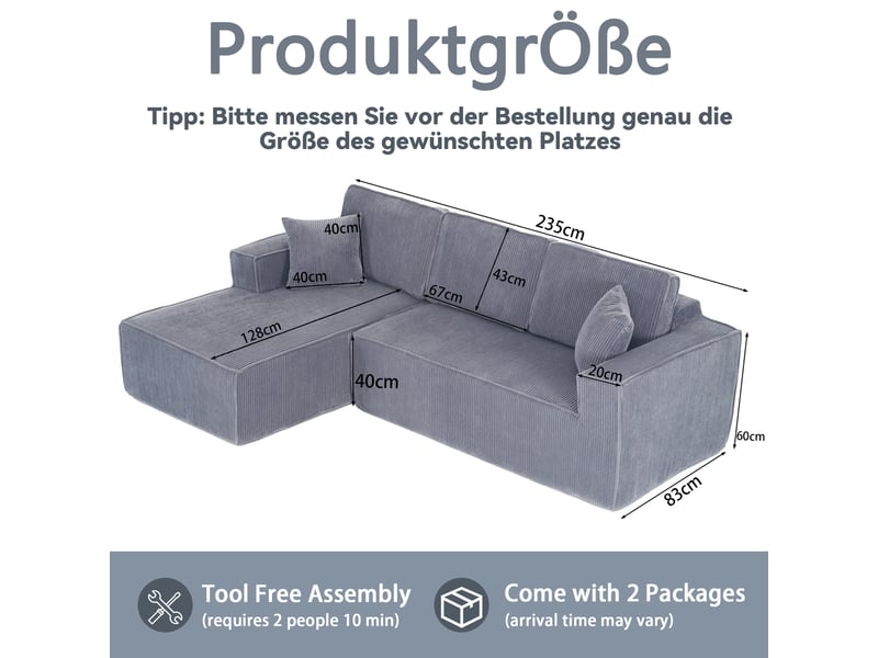 Canapé d'angle, canapé modulable – avec méridienne, en velours tricoté, gris, mousse haute densité, 2 places - Conforama E