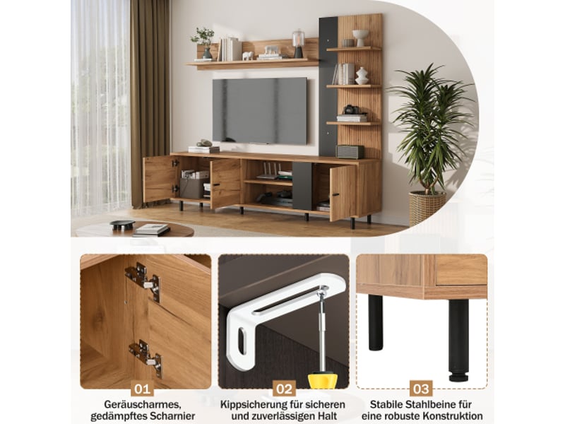  Ensemble meuble tv 187,5 x 40 x 167 cm, meuble mural avec vitrines et étagères, 3 meubles, bois et noir, tv jusqu’à 80  - Conforama R