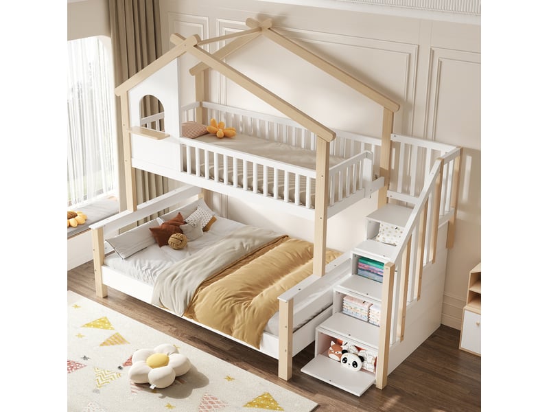  Lit superposé enfant 90x190 et 120x190 cm avec escalier de rangement, blanc et naturel  - Conforama C