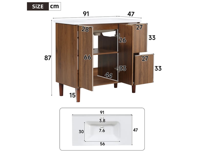  Meuble vasque salle de bains 91x47x87 cm, 2 portes, 2 tiroirs, coloris noyer  - Conforama C