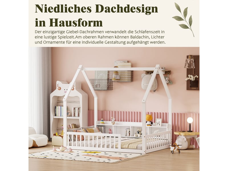  Lit cabane enfant 140 × 200 cm en bois de pin avec barrières de sécurité, étagères de rangement intégrées et cadre maison - blanc  - Conforama D