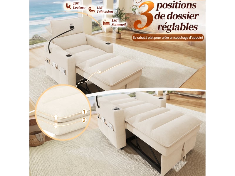 Fauteuil convertible 3 en 1 en chenille beige, usb-c, support téléphone, dossier réglable et porte-gobelets - Conforama E