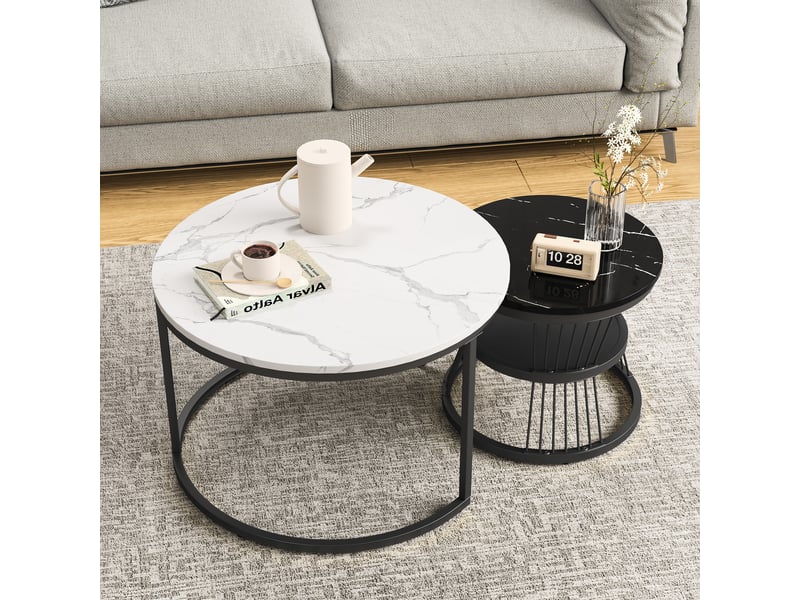  Lot de 2 tables basses rondes 7045cm noir et blanc - design industriel avec plateau effet marbre et étagère de rangement  - Conforama D