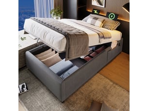 Lit coffre 90 × 200 cm 1 place avec usb, type-c et poche latérale, sans matelas, en coton et lin, gris