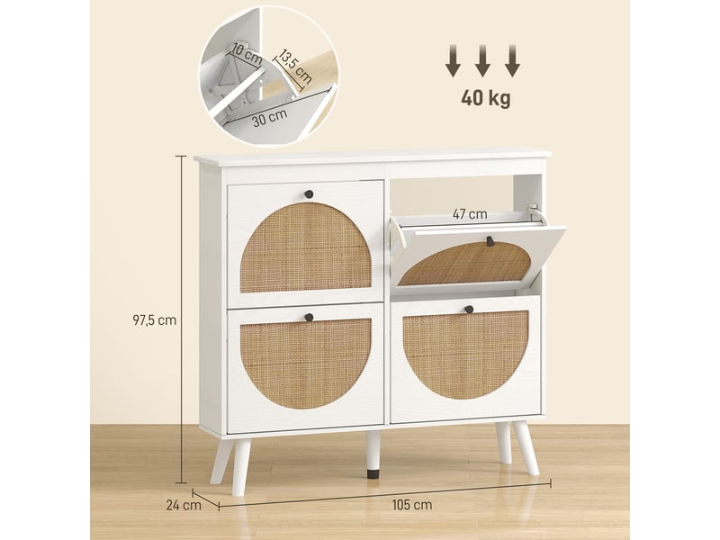  Meuble à chaussures 4 abattants 20 paires étagère réglable style bohème pieds en bois massif 105 x 24 x 97,5 cm blanc  - Conforama D