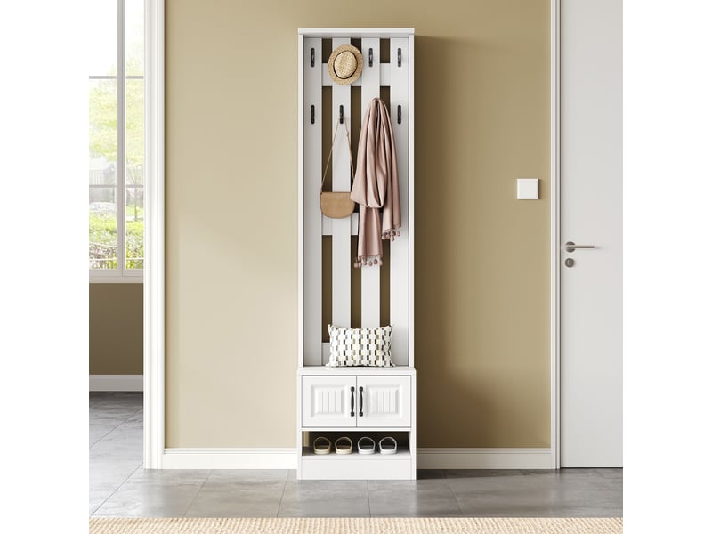 Vestiaire d’entrée blanc 50×36×190 cm en panneau de particules, banc de rangement, banc à chaussures, 2 portes - Conforama C