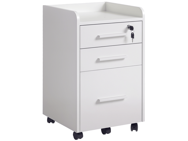  Caisson de bureau rangement bureau sur roulettes 3 tiroirs 1 verrouillable 1 trieur dossiers en bois blanc  - Conforama B