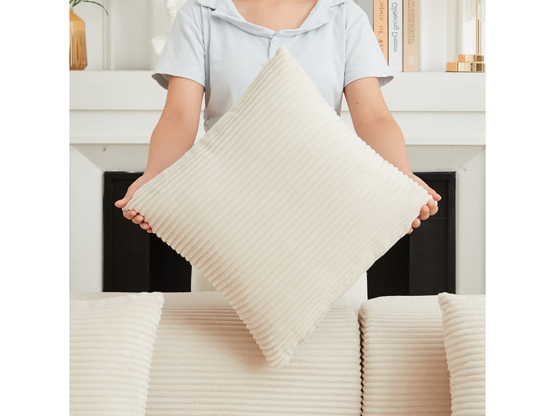  Canapé d’angle en velours côtelé beige 4 places, canapé avec méridienne incurvée de 220 cm pour salon moderne  - Conforama D
