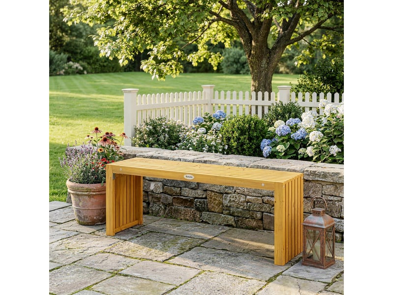 Banc de jardin en bois d'acacia sans dossier 2 places, assise à lattes effet bois, 110x30x45cm, bois naturel - Conforama D