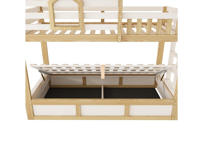 Lit superposé cabane 2 couchages 90x200 cm blanc et bois avec coffre Fay Lum - Conforama E