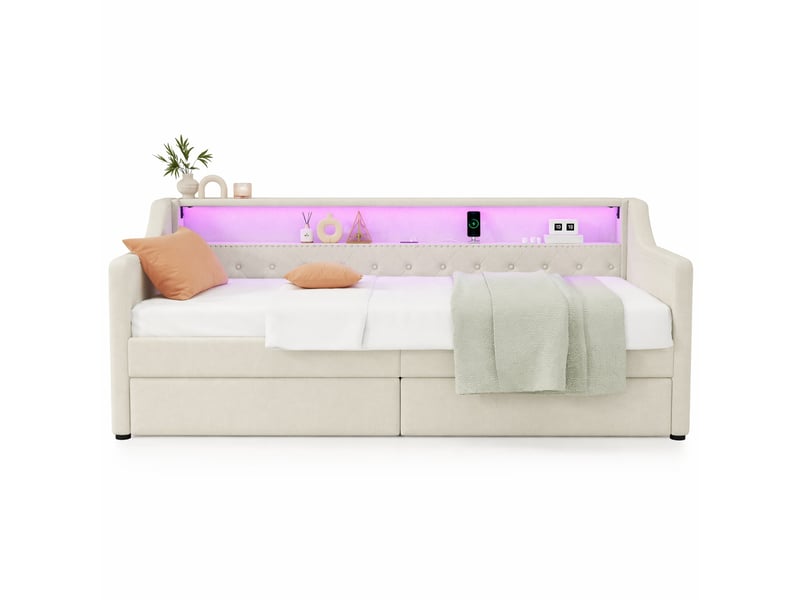  Lit banquette simple 90×200 cm usb, led réglable et 2 tiroirs  - sans matelas, lin et mdf - beige  - Conforama A