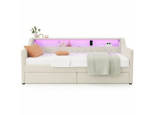 Lit banquette simple 90×200 cm usb, led réglable et 2 tiroirs - sans matelas, lin et mdf - beige