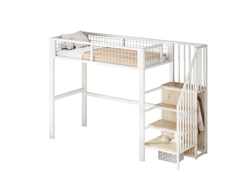 Lit mezzanine enfant 90x200 cm avec armoire intégrée et échelle, métal, blanc, sans matelas - Conforama A