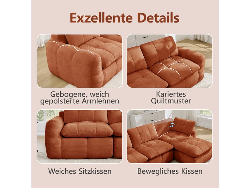  Canapé modulaire 2 places sans cadre avec 2 ottomanes et assise profonde, revêtement en chenille orange  - Conforama E