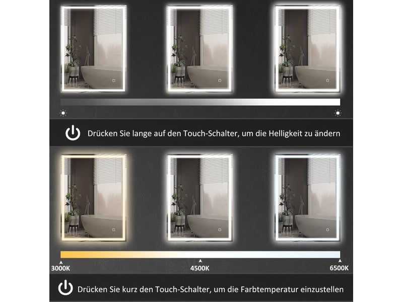  Miroir lumineux de salle de bain led à luminosité réglable, antibuée et mémoire en verre trempé argenté 90 × 70 × 4 cm  - Conforama D