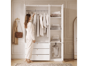 Armoire 135x50x200 cm blanche, 3 portes, 2 penderies, porte-pantalons et 3 tiroirs
