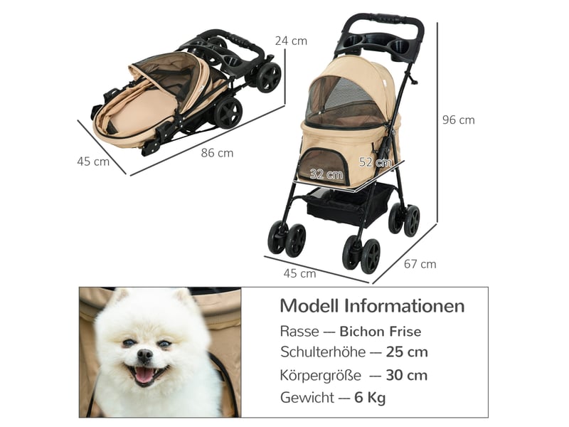 Poussette pour votre petit compagnon pliable kaki en tissu oxford, 4 roues doubles avec freins, idéale pour petits compagnons - Conforama C