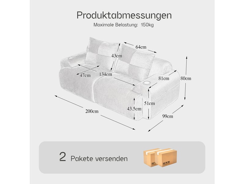 Canapé modulaire 2 places en velours côtelé gris clair avec porte-gobelets et poche latérale - Conforama D