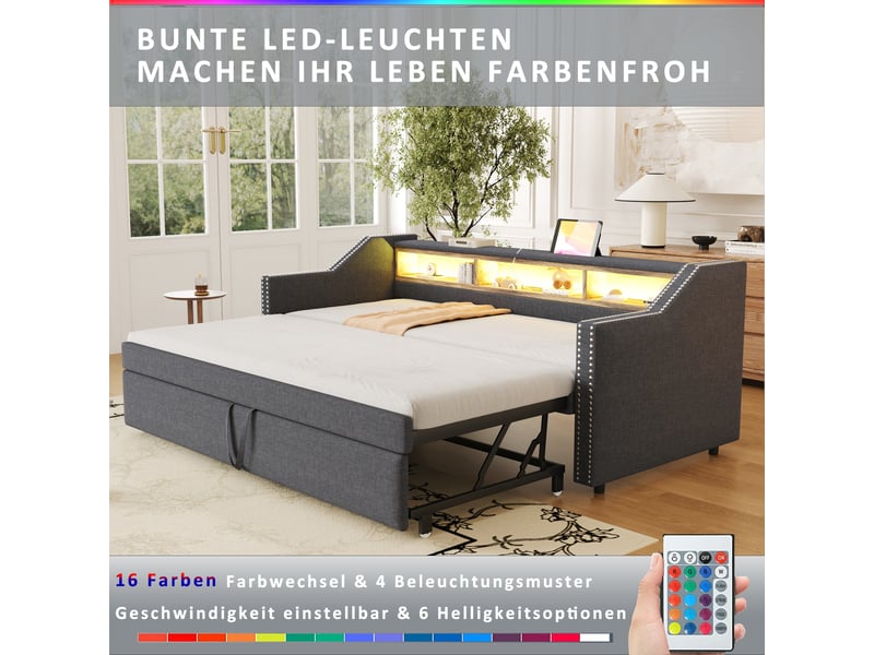  Lit gigogne 90x180 cm - tissu gris foncé - led usb - sommier inclus  - Conforama E